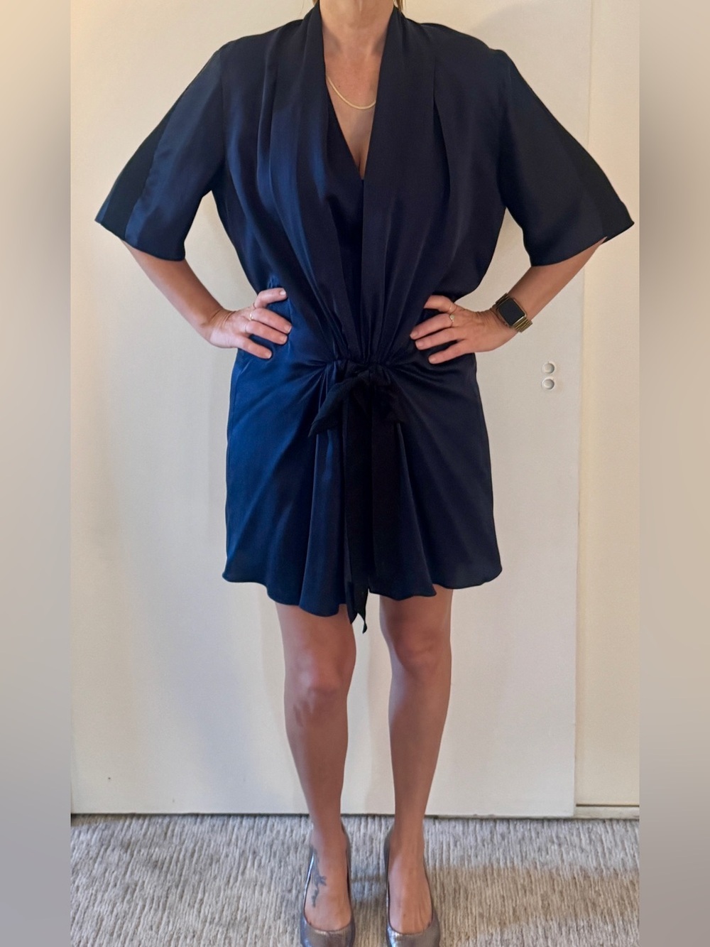 Lanvin Sapphire Blue Silk Draped V-Neck Dress with Grosgrain Ribbon Detail 6-8